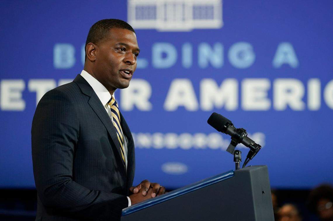 Environmental Protection Agency Administrator Michael Regan speaks at North Carolina Agricultural and Technical State University, in Greensboro, N.C., Thursday, April 14, 2022.