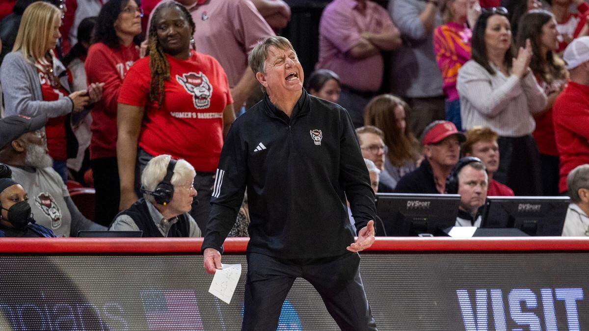 NC State’s head women’s basketball coach Wes Moore yells from the sideline lduring the second half against Tennessee during the second round of the Division I Women’s Basketball Championship at Reynolds Coliseum in Raleigh, North Carolina, on March 25, 2024. The Wolfpack won 79-72.