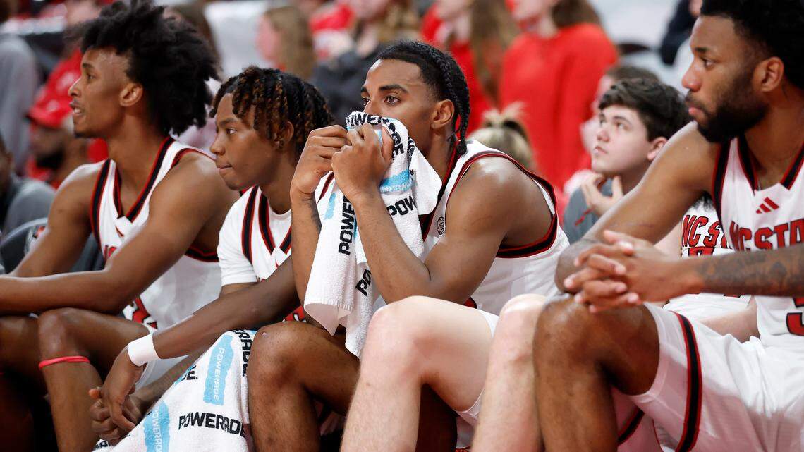 The N.C. State bench watches during the second half of the Wolfpack’s 91-66 loss to Louisville on Wednesday, Feb. 12, 2025, at Lenovo Center in Raleigh, N.C.