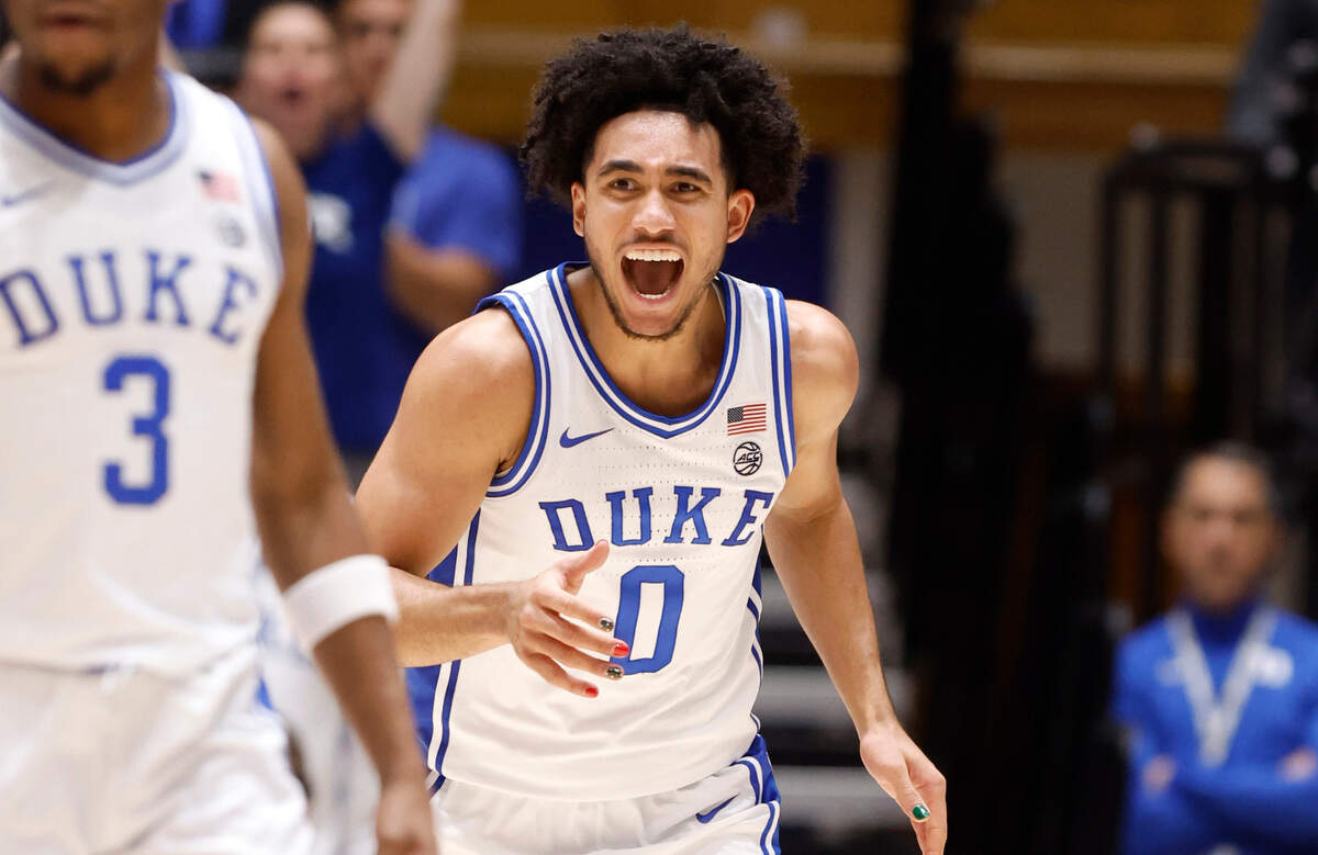 Duke’s Jared McCain (0) celebrates as a timeout is called during the second half of Duke’s 86-66 victory over Syracuse at Cameron Indoor Stadium in Durham, N.C., Tuesday, Jan. 2, 2024.