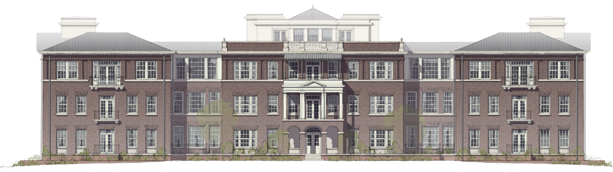 Rendering of The Brightbury, the anchor residential building in Birney Park in Raleigh’s historic Hayes Barton neighborhood.