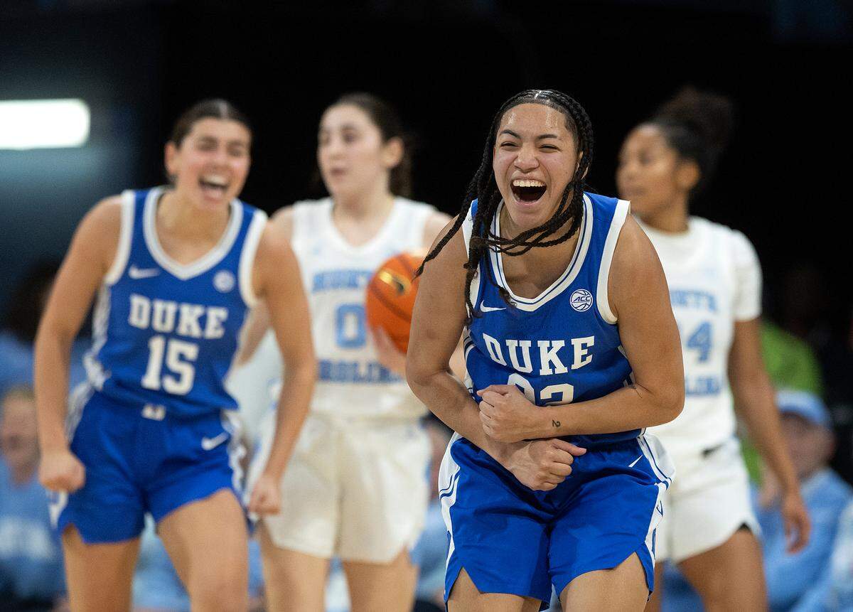 Duke’s Taina Mair reacts following a North Carolina turnover during the second half of the Blue Devils’ 53-46 overtime loss on Thursday, Jan. 9, 2025, at Carmichael Arena in Chapel Hill, N.C.