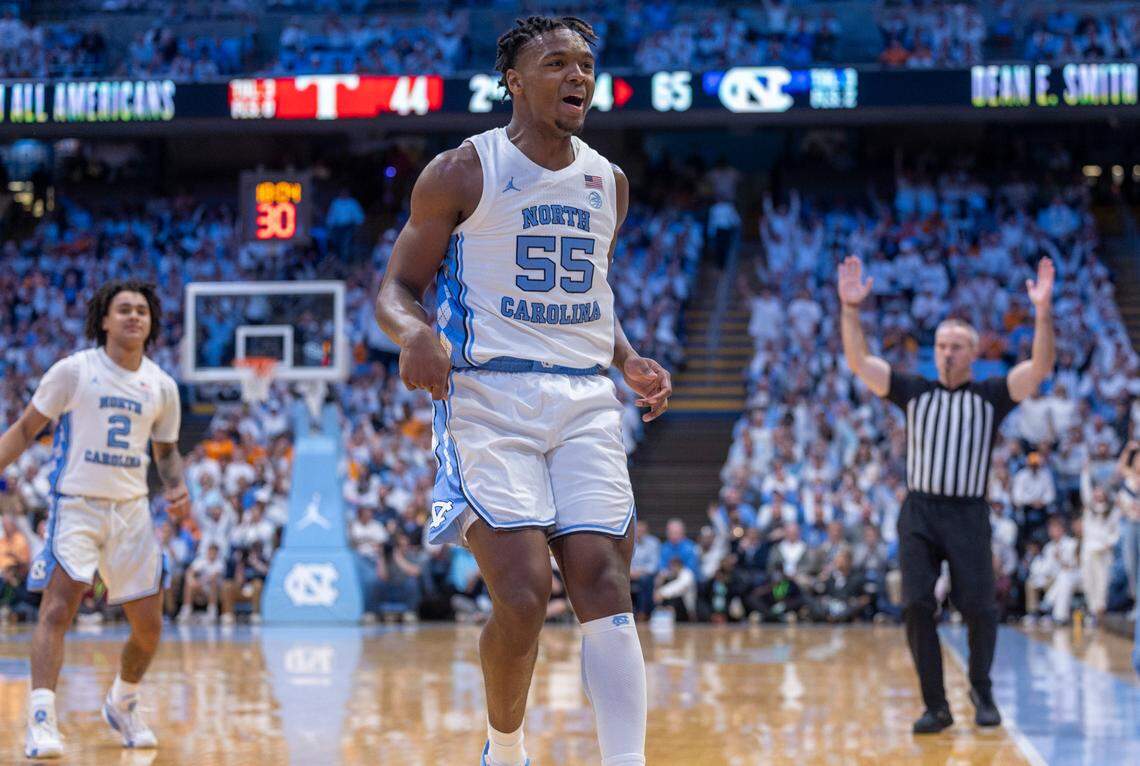 North Carolina’s Harrison Ingram (55) reacts after sinking a three-point basket to give the Tar Heels’ a 68-44 lead in the second half against Tennessee on Wednesday, November 29, 2023 at the Smith Center in. Chapel Hill, N.C.