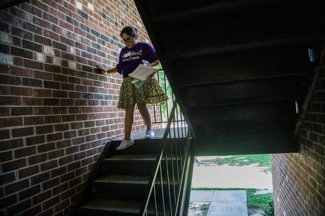 Idalia Arellano canvasses an apartment complex with other community health worker volunteers in an effort to boost COVID-19 vaccinations in low-vaccinated neighborhoods Tuesday, June 16, 2021 in Raleigh.