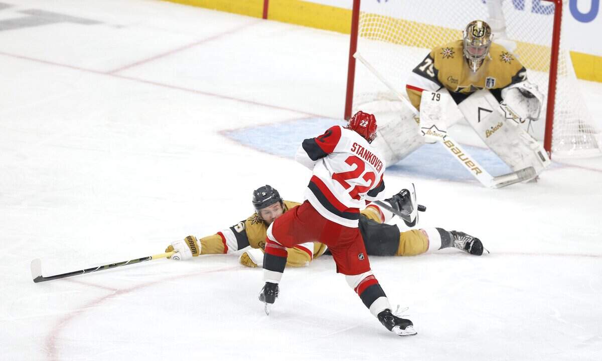 Carolina's Logan Stankoven (22) shoots in the second period of the Hurricanes’ game against the Golden Knights in Game 6 of the Stanley Cup Final at T-Mobile Arena in Las Vegas, Nev., Sunday, June 14, 2026.