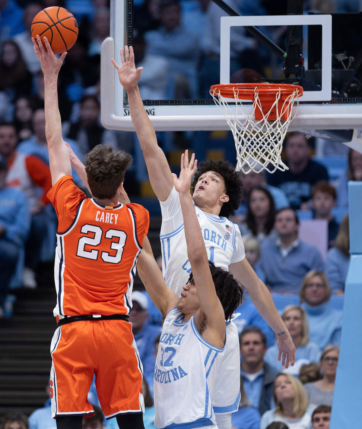 North Carolina’s Zayden High (1) and James Okonkwo (32) defend Syracuse’s Peter Carey (23) in the second half on Saturday, January 13, 204 at the Smith Center in Chapel Hill, N.C.