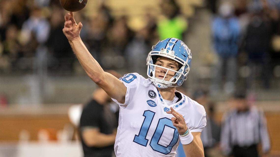 North Carolina quarterback Drake Maye warms up for the Tar Heels’ game against Wake Forest on Saturday, November 12, 2022 at Truist Field in Winston-Salem, N.C.