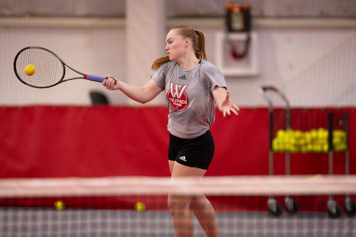 N.C. State senior Sophie Abrams works out during practice at the J.W. Isenhour Tennis Center on Thursday, January 25, 2024 in Raleigh, NC.