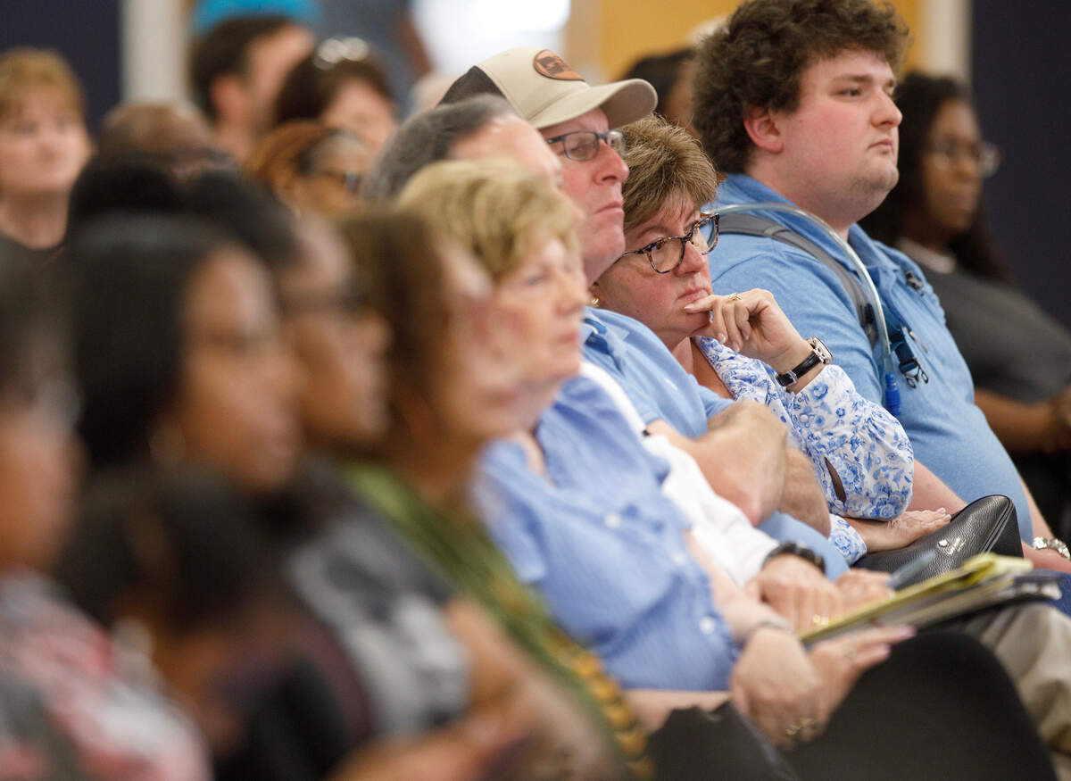 Lovey Rogers, second from right, listens during a town hall meeting held by Zebulon municipal leaders on Monday, April 28, 2025, at Zebulon Community Center.
