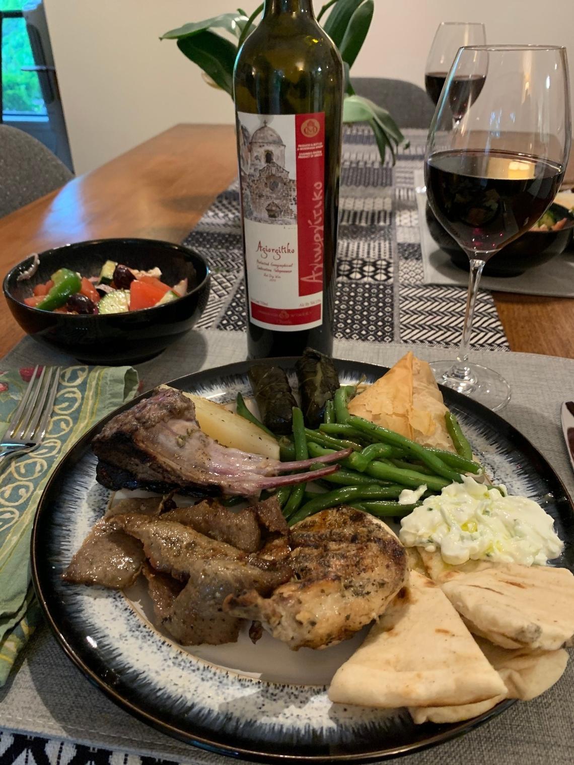 At Taverna Agora in Raleigh, the Grecian Grill combination dinner for two includes two grilled lamp chops, keftides (Greek beef and lamb meatballs), grilled chicken and juicy slices of gyro meat, plus a large Greek salad, lemon-roasted potatoes, green beans, pita and tzatziki.