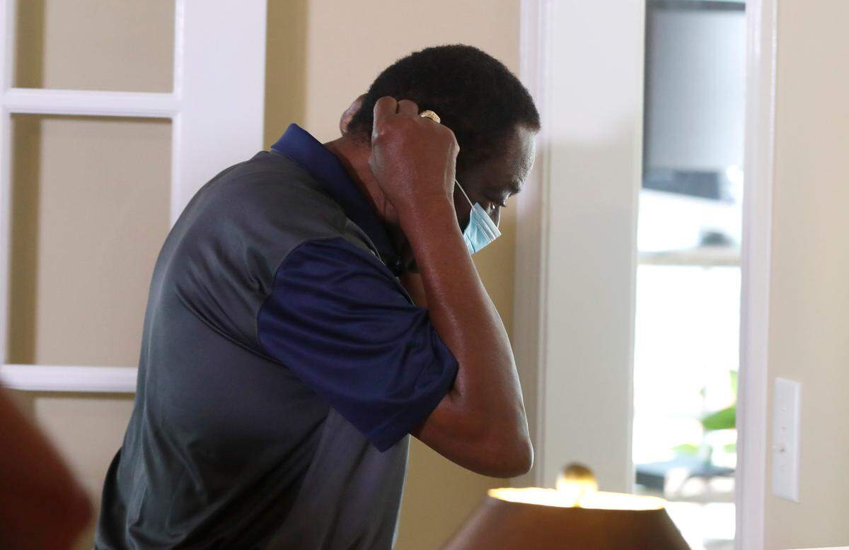 Former Saint Augustine’s track and field coach George Williams leaves the room after talking about his dismissal during a media availability at his home in Raleigh, N.C. Thursday, July 2, 2020.