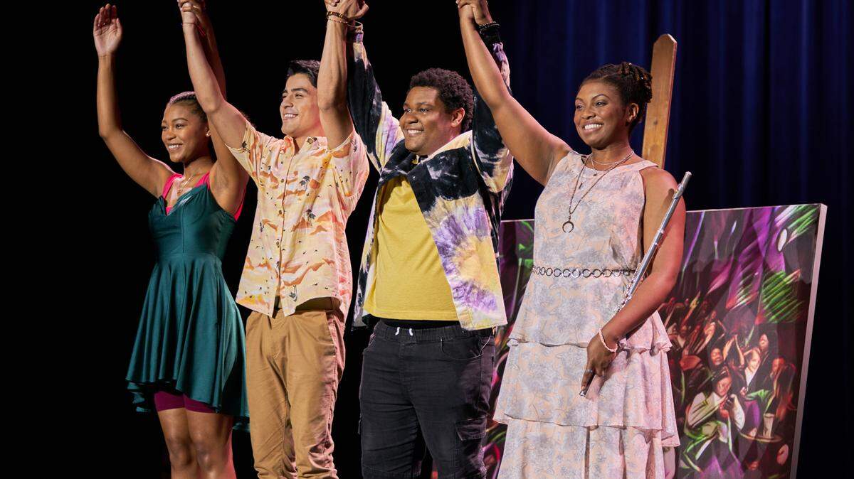 The Hallmark Movies & Mysteries movie “To Her, With Love” was filmed in North Carolina in 2022 and is set in the fictional town of Stoneville, NC. Pictured (L-R): Aubriana Davis, Juan Graterol Jr., Ronson Hawkins and Kayla Pratt.