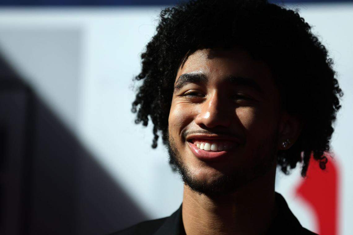 Jared McCain arrives before the first round of the 2024 NBA Draft at Barclays Center.