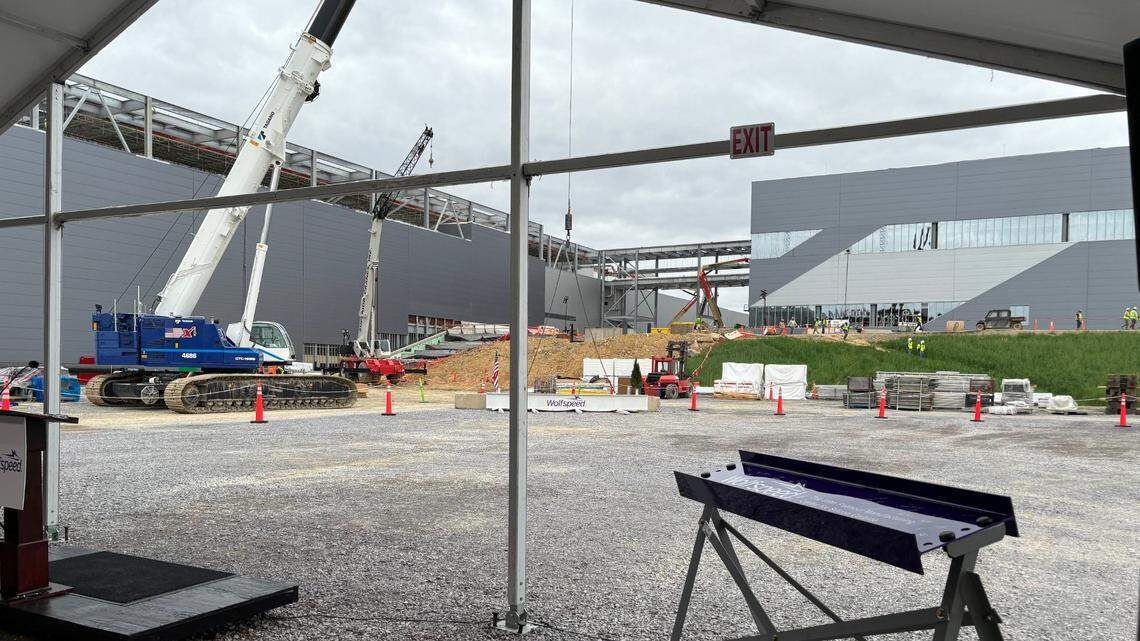 The Durham semiconductor chipmaker Wolfspeed celebrated the “topping out” of its Chatham County facility near Siler City on March 26, 2024. Construction on the site began in June.