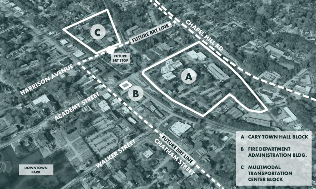 The Town of Cary owns sites A and B and will soon own site C for a future multi-modal transit center.