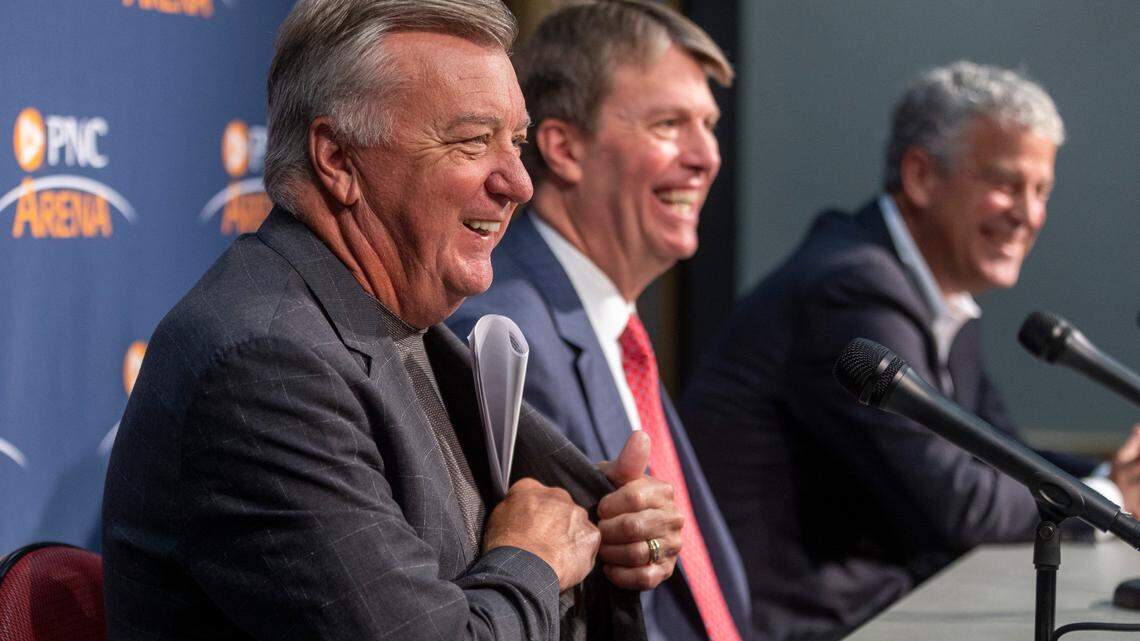 Carolina Hurricanes General Manager Don Waddell, Centennial Authority Chairman Philip Isley and North Carolina State Athletic Director Boo Corrigan discuss plans for the renovation of PNC Arena following a unanimous approval vote by the Centennial Authority on Tuesday, August 15, 2023 at PNC Arena in Raleigh, N.C.