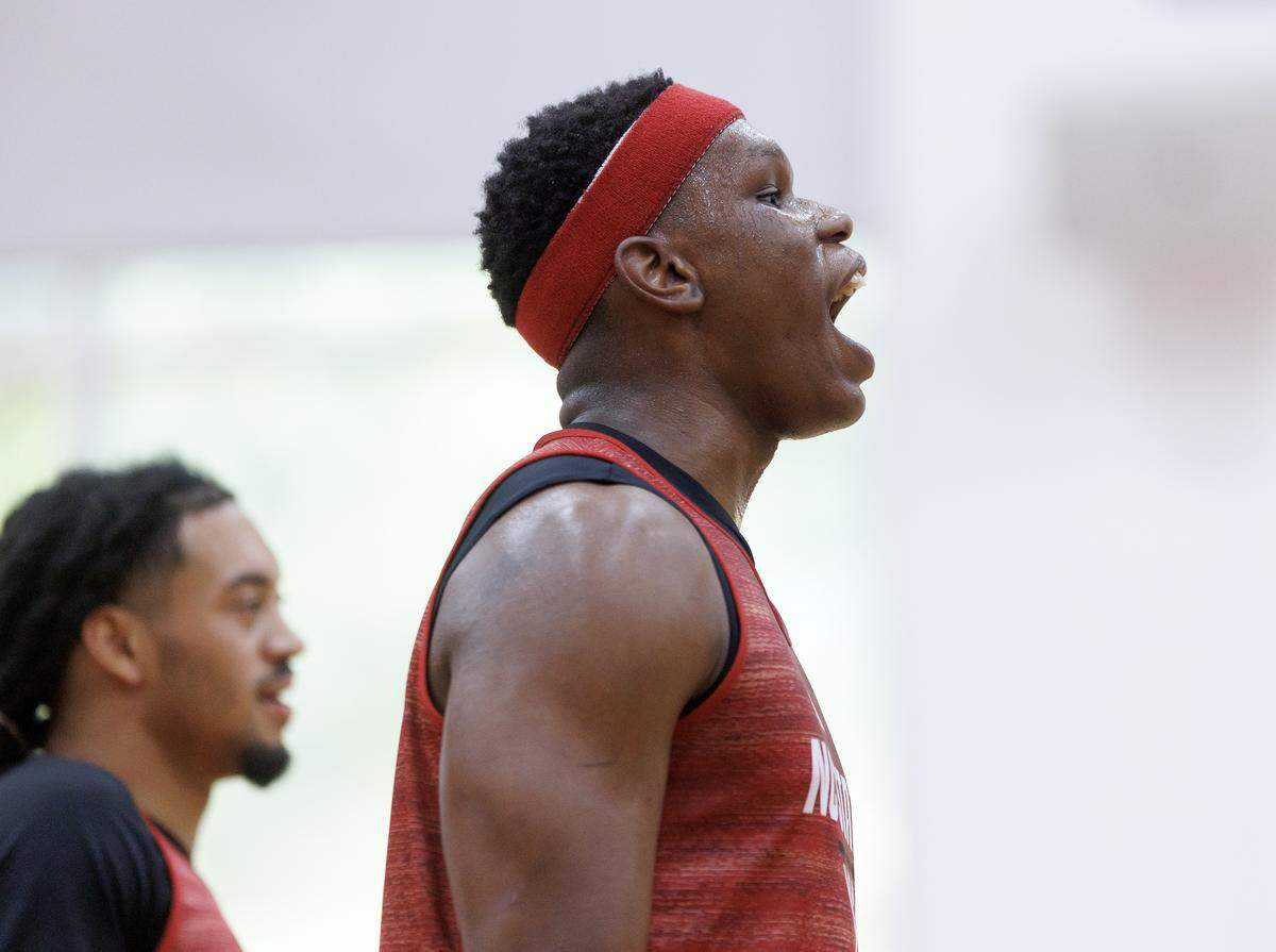 N.C. State’s Ven-Allen Lubin cheers on his teammates during the Wolfpack’s first official practice on Monday, Sept. 22, 2025, at Dail Basketball Center in Raleigh.