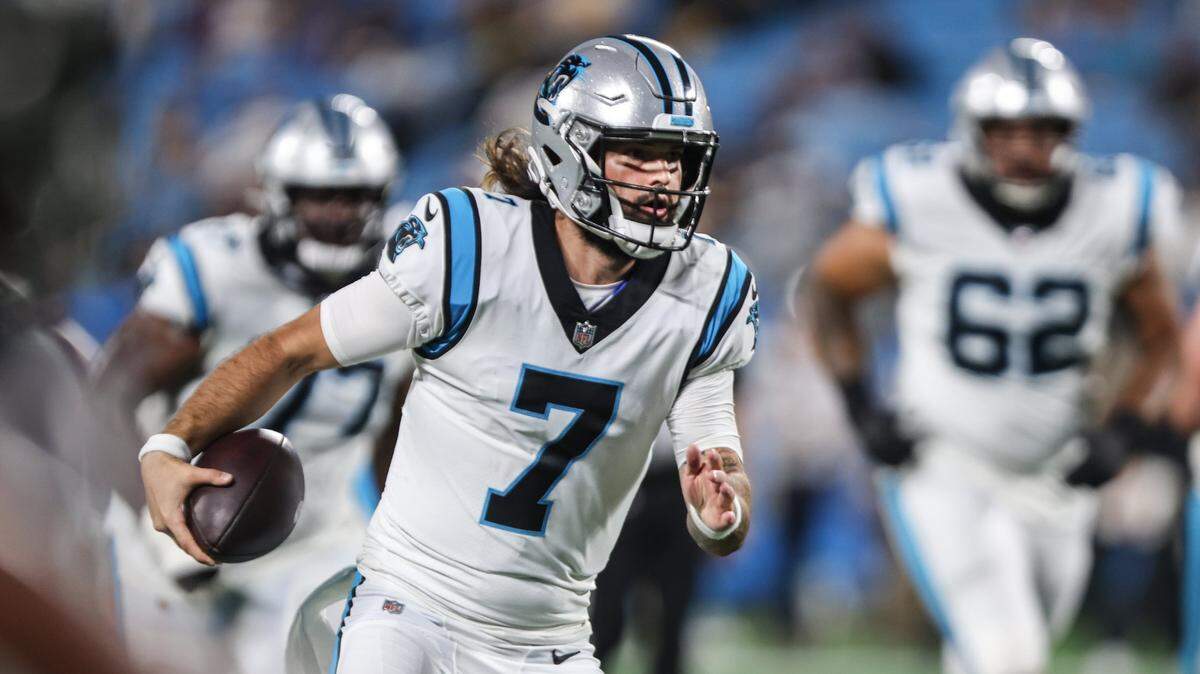 Carolina Panthers Will Grier runs to make a touchdown at the Bank of America Stadium in Charlotte, N.C., on Friday, August 27, 2021.