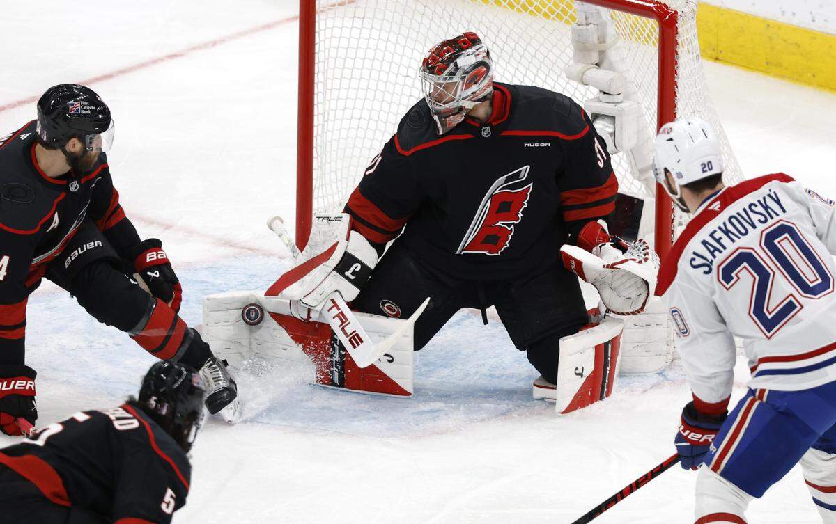 Carolina's Frederik Andersen (31) stops the shot in the first period of the Hurricanes’ game against the Canadiens in game five of the Eastern Conference Finals at the Lenovo Center Friday, May 29, 2026.