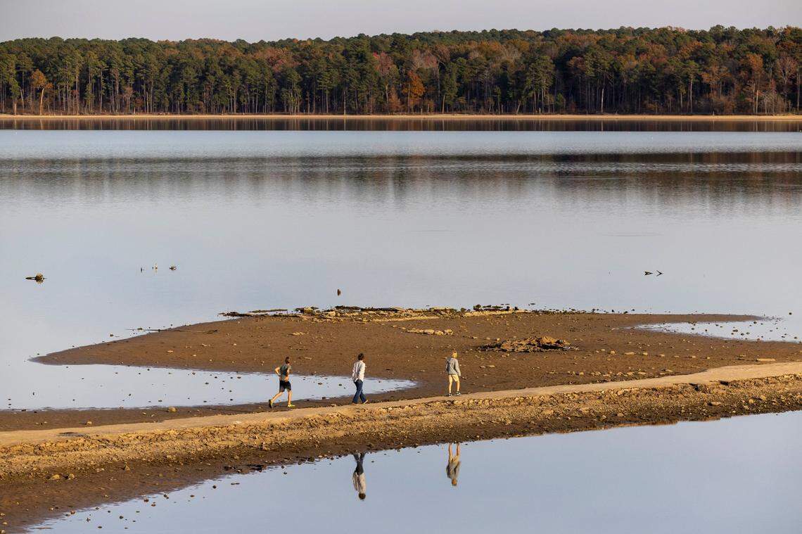 Foundations of abandoned homes and an old roadbed that were part of communities in the New Hope Valley before they were flooded upon Jordan Lake’s 1982 completion are visible Tuesday, Nov. 15, 2023 in Chapel Hill. Jordan Lake is more than four feet below the lake’s 216.08 median water depth over the past 29 years, and about 2.5 feet below the lake’s height last year.