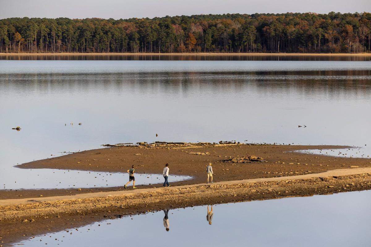 Foundations of abandoned homes and an old roadbed that were part of communities in the New Hope Valley before they were flooded upon Jordan Lake’s 1982 completion are visible Tuesday, Nov. 15, 2023 in Chapel Hill. Jordan Lake is more than four feet below the lake’s 216.08 median water depth over the past 29 years, and about 2.5 feet below the lake’s height last year.