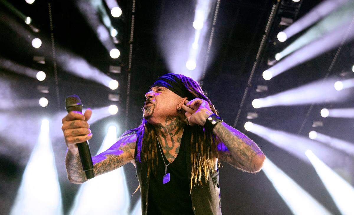 Ministry lead singer Al Jourgensen performs on stage as the band opens for Alice Cooper and Rob Zombie on the “Parade of Freaks Tour” in Raleigh.