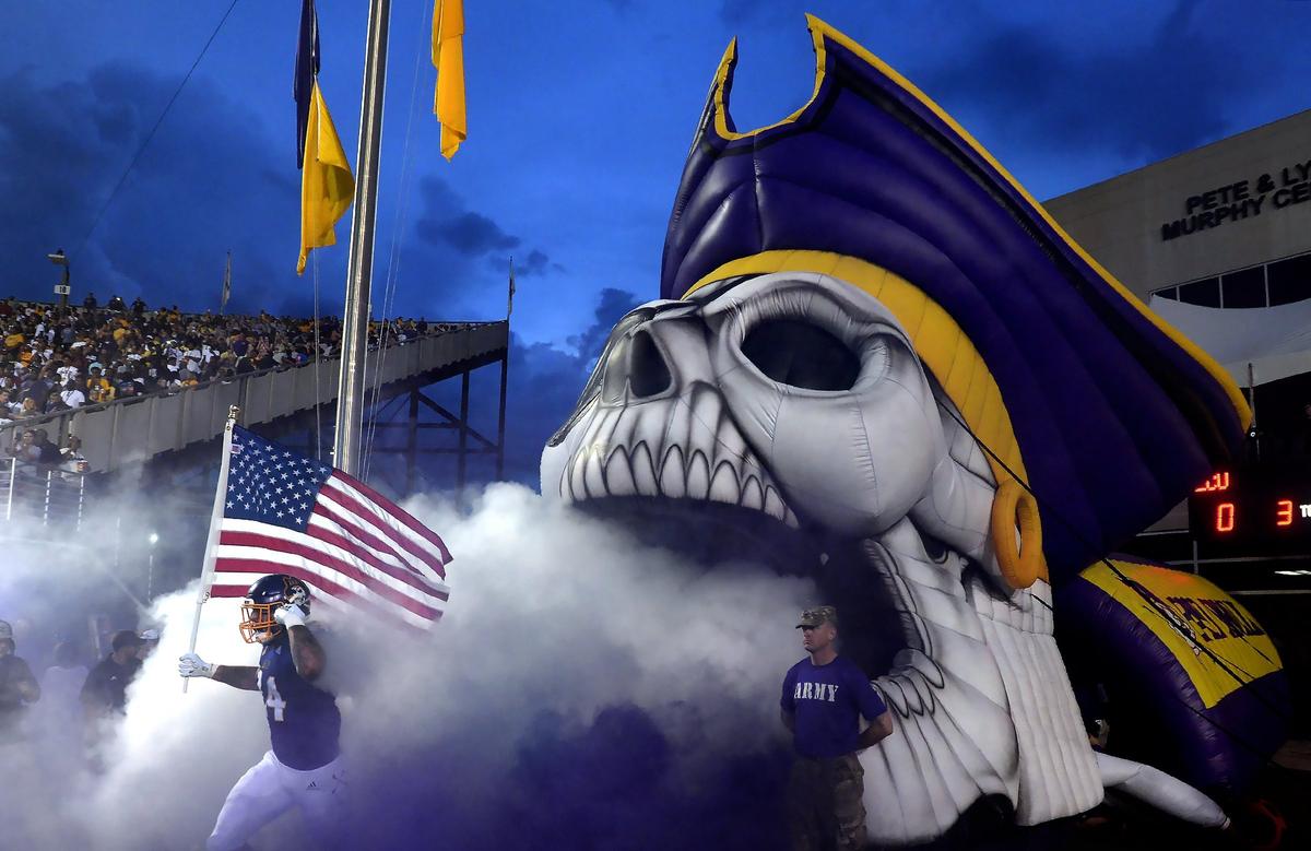 East Carolina University football players enter Dowdy-Ficklen Stadium to play N.C. A & T in Greenville, N.C., Saturday, Sept. 1,2018. Moments after this photo was taken the second mandatory evacuation due to lightning delayed the game.