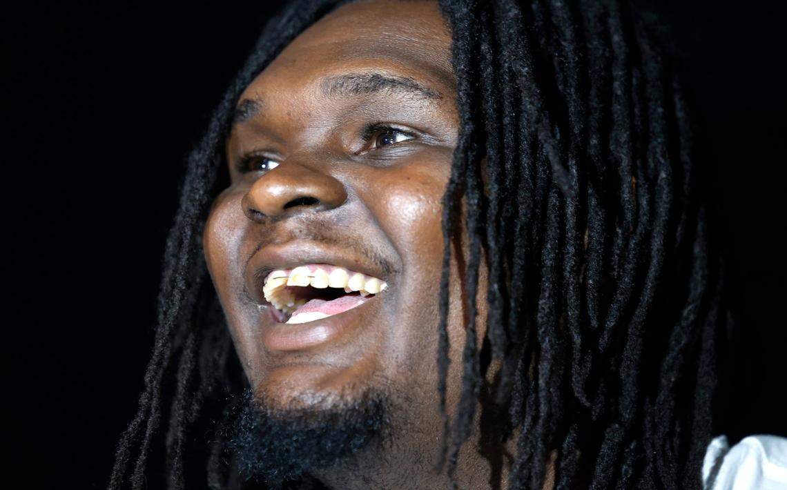 N.C. State’s DJ Burns Jr. laughs as he answers a question during a press availability at the American Airlines Center in Dallas, Texas, Saturday, March 30, 2024. Duke and N.C. State will play Sunday for a trip to the NCAA Tournament Final Four.