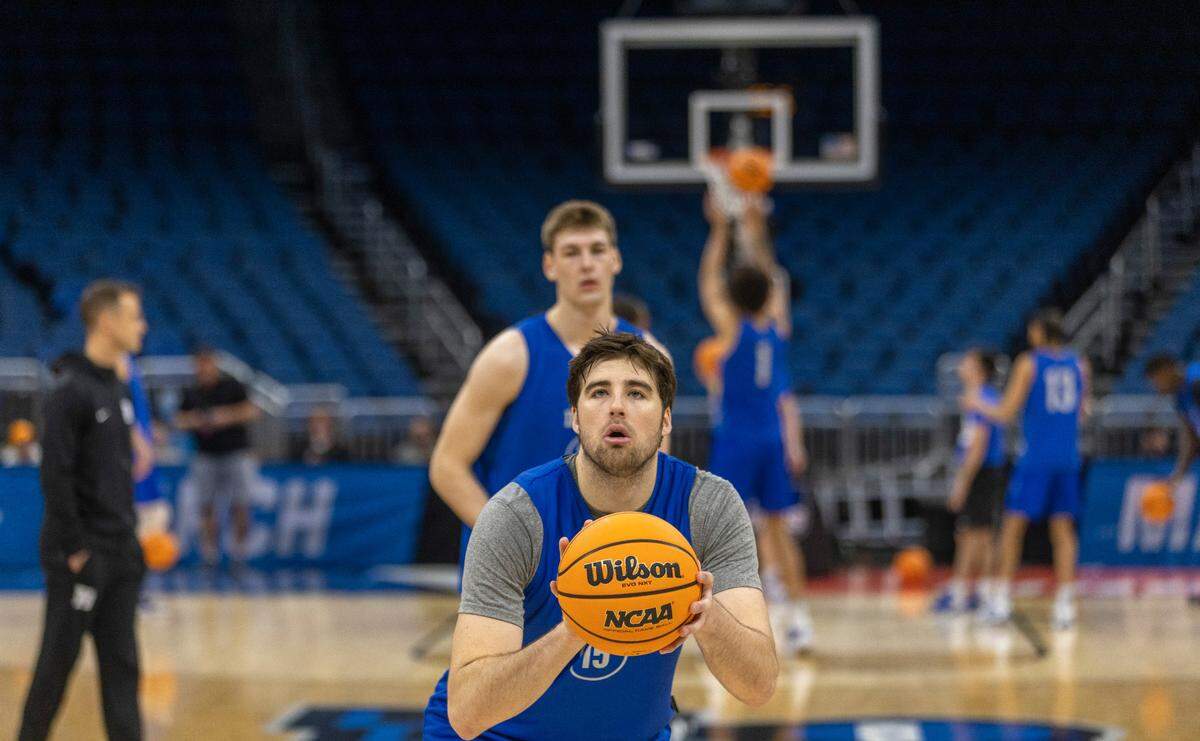 Duke’s Ryan Young (15) focuses on his free throw technique during the Blue Devils’ practice on Wednesday, March 15, 2023 at the Amway Center in Orlando, Fla.