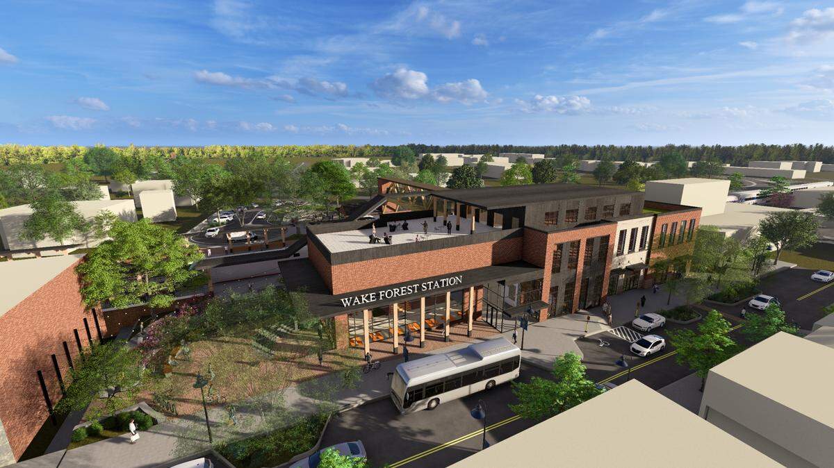 A rendering of a planned train station and ‘mobility hub’ on White Street in downtown Wake Forest. The N.C. Department of Transportation hopes to extend Amtrak’s Piedmont service to Wake Forest in 2030.