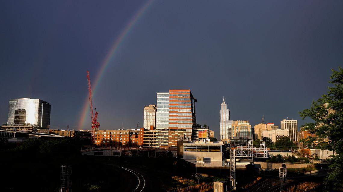 A rainbow appears over downtown Raleigh on May 8, 2024.
