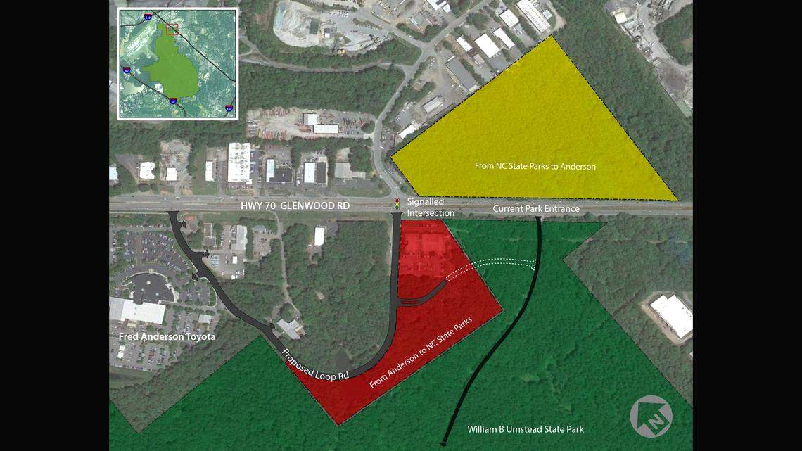 The state and the company that owns Fred Anderson Toyota agreed to a land swap that will create a new entrance to Umstead State Park from Glenwood Avenue or U.S. 70. As part of the deal, Anderson also provided $2 million that the state is using to help buy land for Umstead elsewhere.