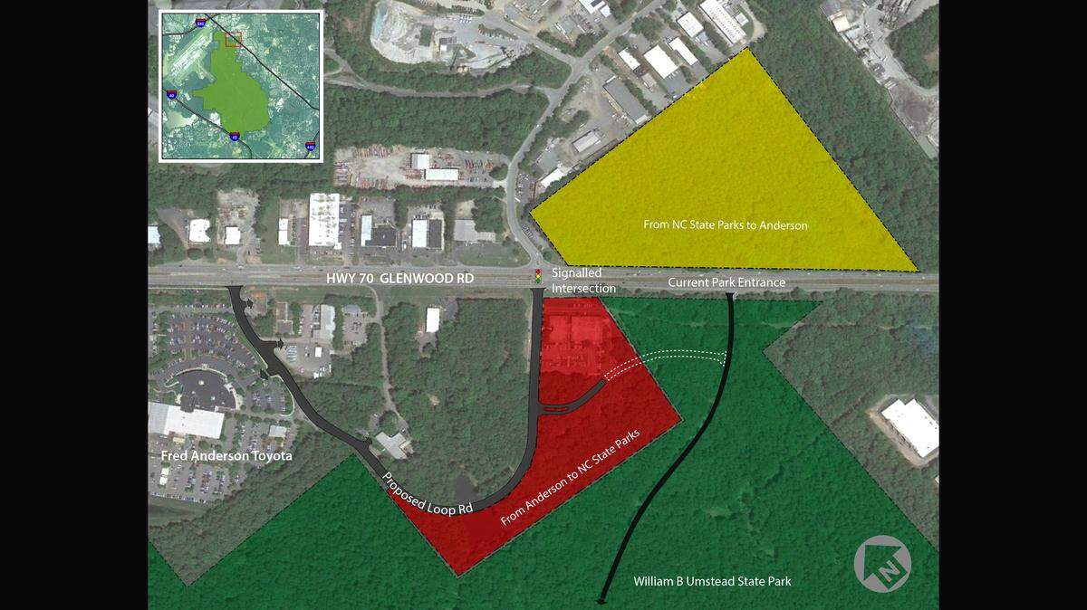 The state and the company that owns Fred Anderson Toyota have agreed to a land-swap that would create a new entrance to Umstead State Park from Glenwood Avenue or U.S. 70. The current entrance does not have a traffic light.