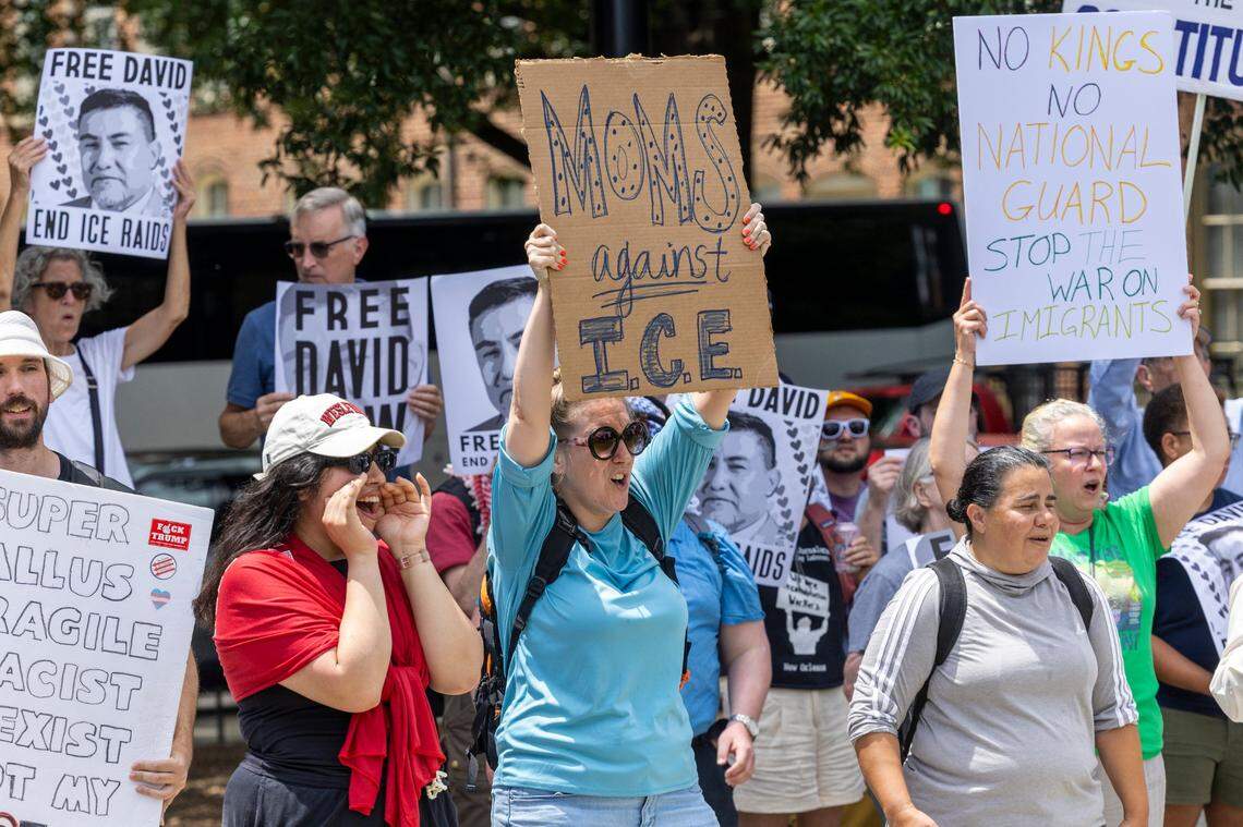 More than 100 demonstrators rallied in Moore Square in Raleigh on Monday, June 9, 2025, to protest recent nationwide ICE raids and arrests, including the detention of labor leader David Huerta during a raid in Los Angeles on Friday.
