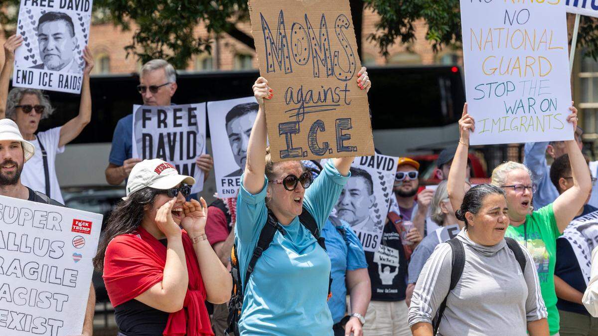 More than 100 demonstrators rallied in Moore Square in Raleigh on Monday, June 9, 2025, to protest recent nationwide ICE raids and arrests, including the detention of labor leader David Huerta during a raid in Los Angeles on Friday.