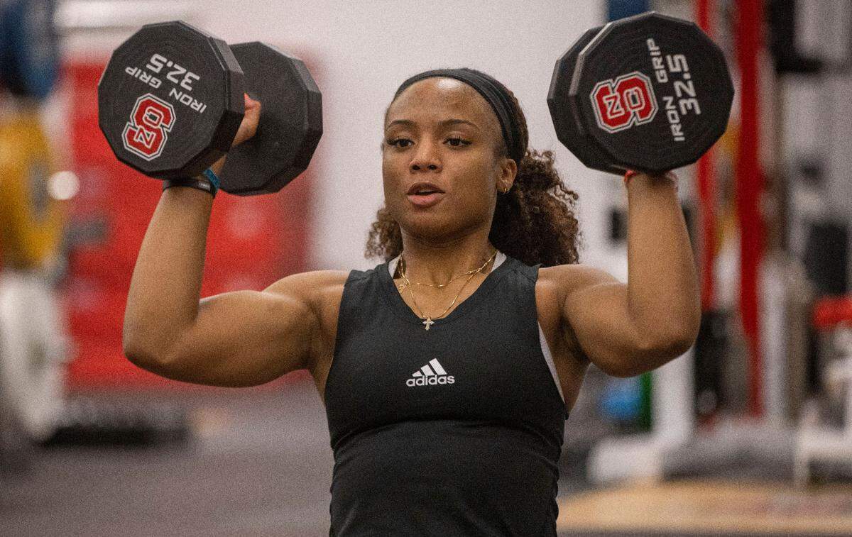 N.C. State basketball player Kai Crutchfield works out in the weight room at Reynolds Coliseum on Monday, October 18, 2021 in Raleigh, N.C.