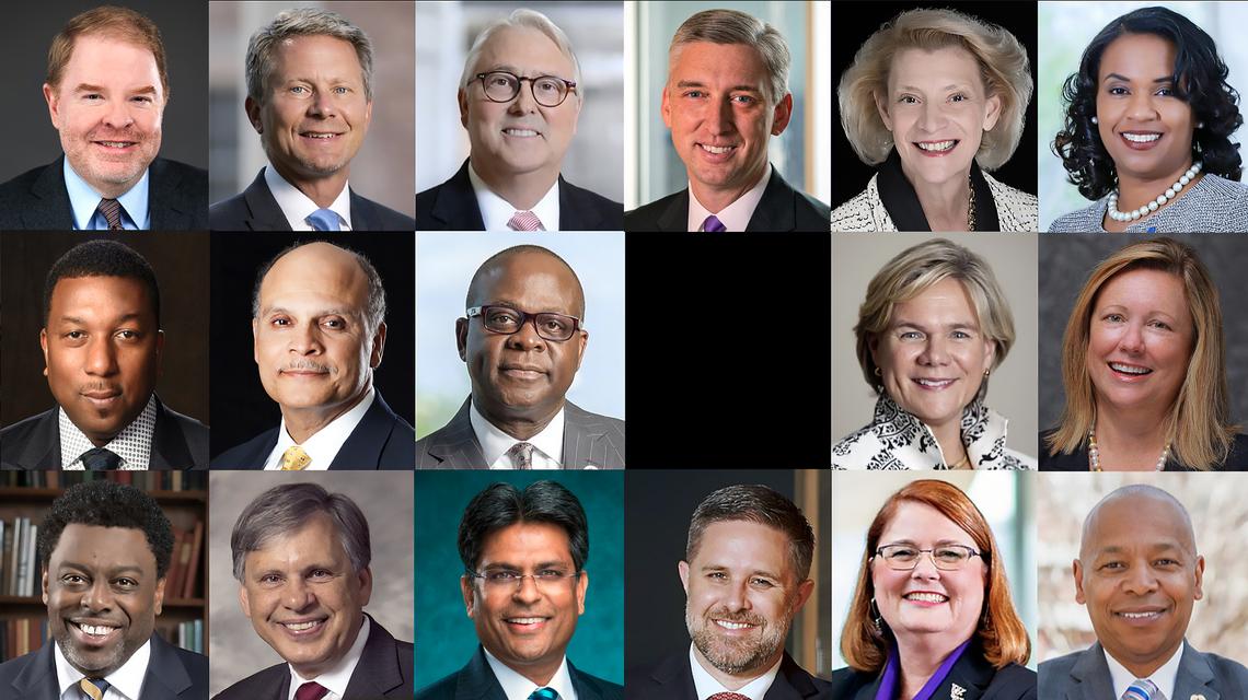 UNC System university leaders and chancellors, top row from left: Bill Roper - UNC System president (interim), Kevin Guskiewicz - UNC-Chapel Hill (interim), Randy Woodson - N.C. State, Ron Mitchelson - ECU (interim), Sheri Everts - Appalachian State and Karrie Dixon - Elizabeth City State. Middle row from left: Peggy Valentine - Fayetteville State (interim), Harold Martin - N.C. A&T, Johnson Akinleye - N.C. Central, Nancy Cable - UNC-Asheville and Philip Dubois - UNC-Charlotte (stepping down June 2020). Bottom row from left: Franklin Gilliam - UNC-Greensboro, Robin Cummings - UNC-Pembroke, Jose Sartarelli - UNC-Wilmington, Brian Cole - UNC School of the Arts (interim), Kelli Brown - Western Carolina and Elwood Robinson - Winston-Salem State.