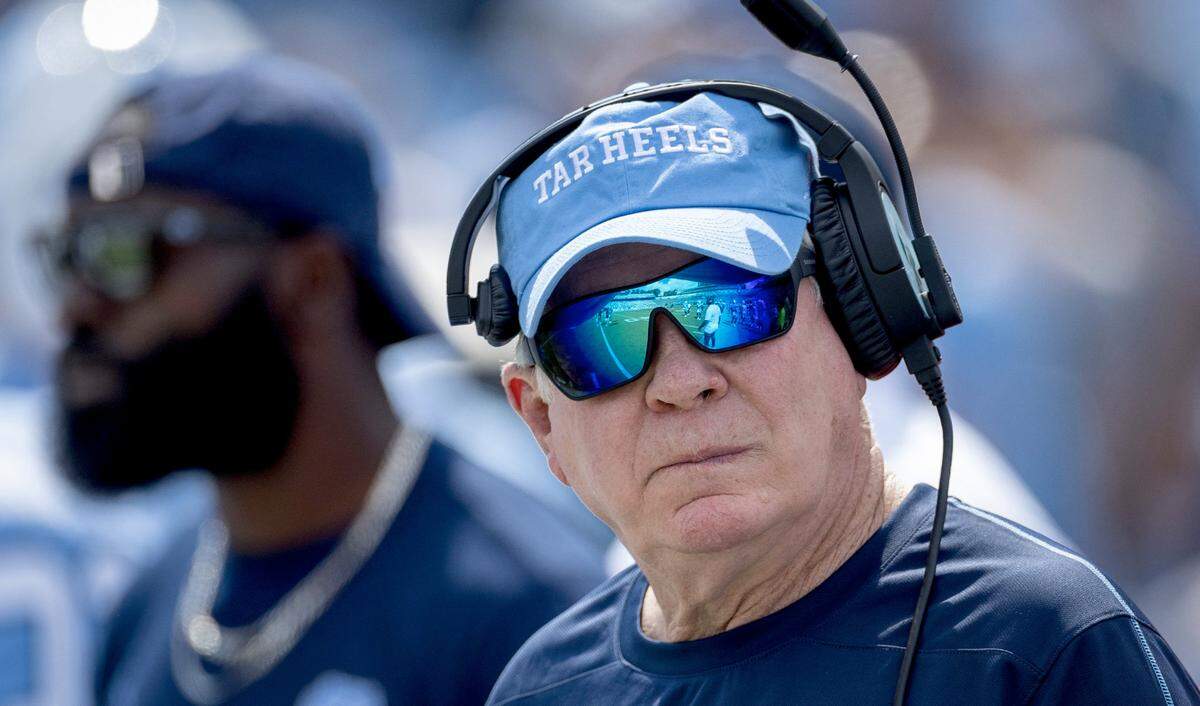 North Carolina coach Mack Brown watches the coin flip at the start of the Tar Heels’ game against James Madison on Saturday, September 21, 2024 at Kenan Stadium in Chapel Hill, N.C.