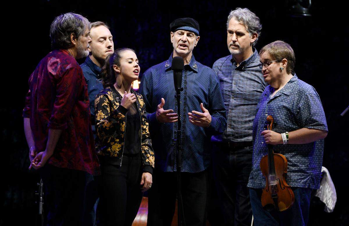 Bela Fleck, Justin Moses, Sierra Hull, Mark Schatz, Brian Sutton and Michael Cleveland perform at IBMA Bluegrass Live! at Raleigh, N.C.’s Red Hat Amphitheater, Friday night, Oct. 1, 2021.