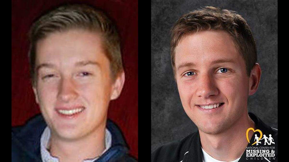 Appalachian State student James Martin Roberts, who disappeared from the Boone, NC, campus on April 21, 2016, is pictured (left) at age 19, and (right) in an age-progression photo that shows what he might look like in 2021, at age 24. The age-progression photo was released by the National Center for Missing and Exploited Children on April 21, 2021.