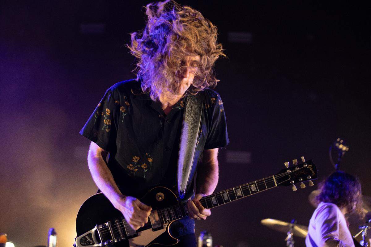 My Morning Jacket guitar player Carl Broemel In concert at Raleigh, N.C.’s Coastal Credit Union Music Park at Walnut Creek, Saturday night, Sept. 28, 2024.