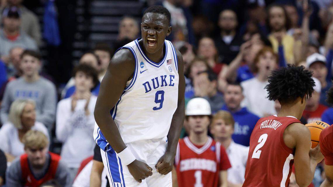 Duke’s Khaman Maluach (9) celebrates after slamming in two during the first half of Duke’s game against Alabama in their Elite 8 game in the 2025 NCAA Men’s Basketball Championship at the Prudential Center in Newark, N.J., Saturday, March 29, 2025.
