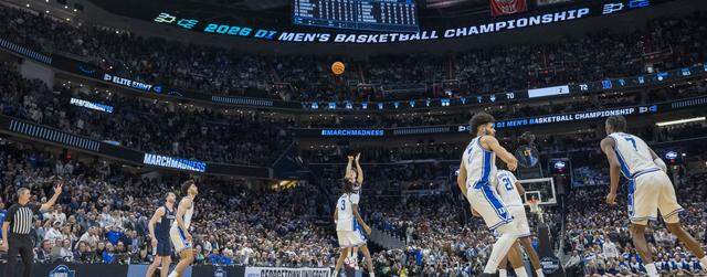 Connecticut guard Braylon Mullins (24) launches the game winning three-point basket at the buzzer to defeat the Duke Blue Devils 73-72 on Sunday, March 29, 2026, in the NCAA East Regional Championship, at Capital One Arena in Washington, D.C.