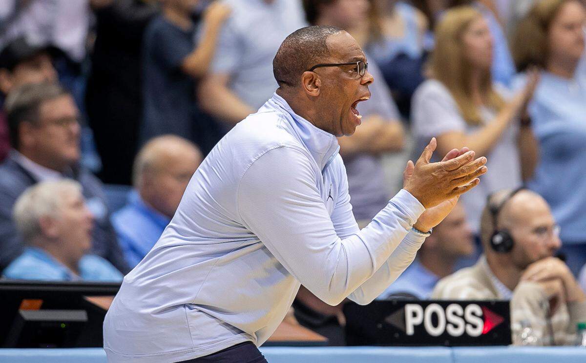 North Carolina coach Hubert Davis directs his team on defense in the second half against College of Charleston on Friday, November 11, 2022 at the Smith Center in Chapel Hill, N.C.