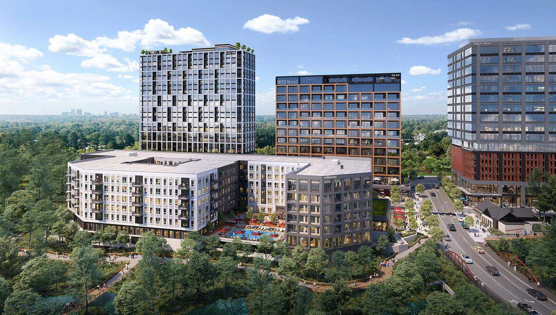 A rendering of the Tributary, a six-story apartment building, and the future expansion of North Hills Innovation District.