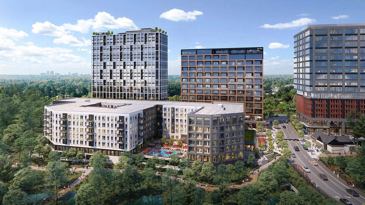 A rendering of the Tributary, a six-story residential apartment building, and the future expansion of North Hills Innovation District.