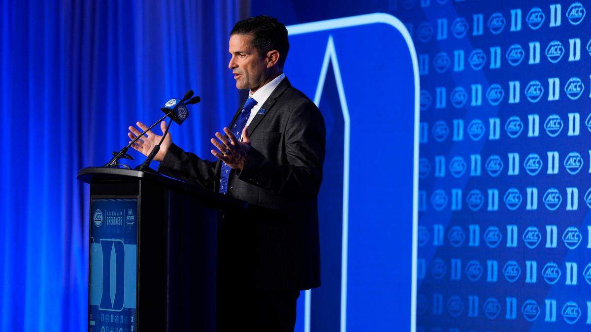 Duke Blue Devils head coach Manny Diaz speaks to the media during the ACC Kickoff at Hilton Charlotte Uptown. 