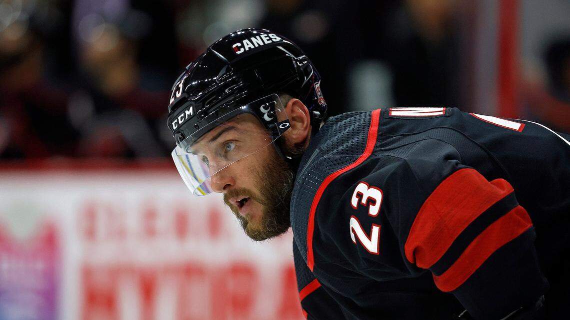 Carolina Hurricanes’ Stefan Noesen (23) watches the puck during the third period of an NHL hockey game against the New York Islanders in Raleigh, N.C., Friday, Oct. 28, 2022. (AP Photo/Karl B DeBlaker)