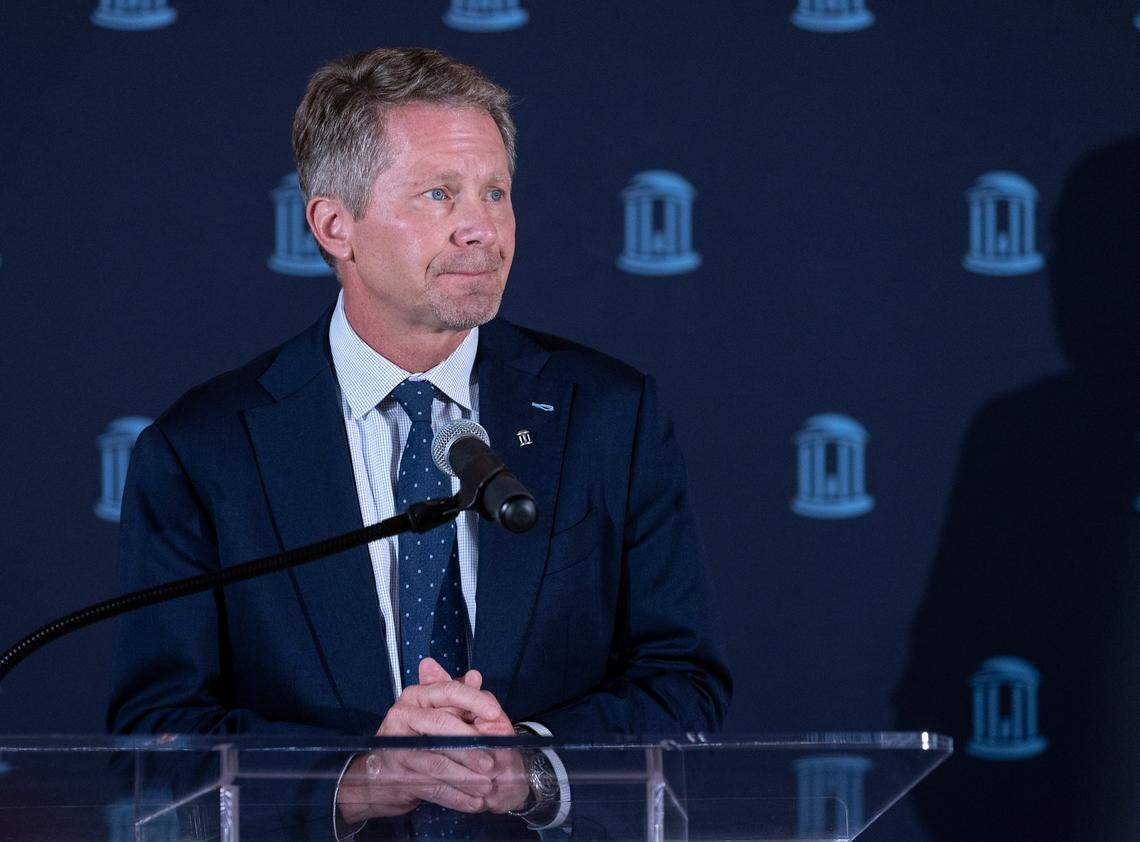 UNC-Chapel Hill Chancellor Kevin Guskiewicz listens during a press conference at Gerrard Hall in Chapel Hill, N.C. on Wednesday, Sept. 13, 2023, following an afternoon report of an armed person near campus that locked down the university for over an hour.
