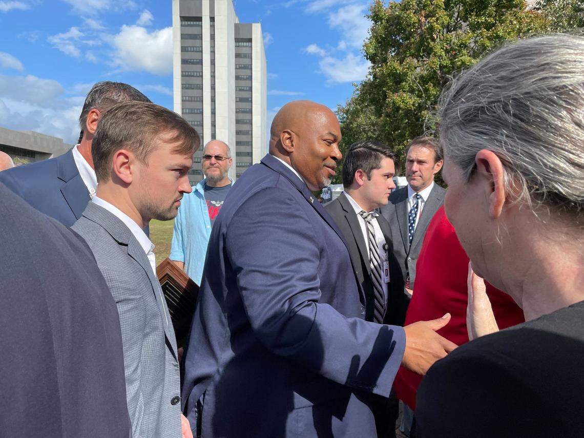 North Carolina Lieutenant Governor Mark Robinson greets supporters after talking to a crowd of well over a thousand people at Halifax Mall in downtown Raleigh, on Friday, Oct. 29, 2021.